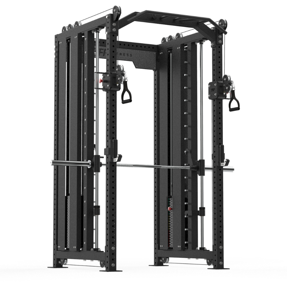 A black multi-functional home gym power rack with integrated cable pulleys, a pull-up bar, and a horizontal barbell rack, shown on a solid white background.