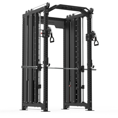 A black multi-functional home gym power rack with integrated cable pulleys, a pull-up bar, and a horizontal barbell rack, shown on a solid white background.