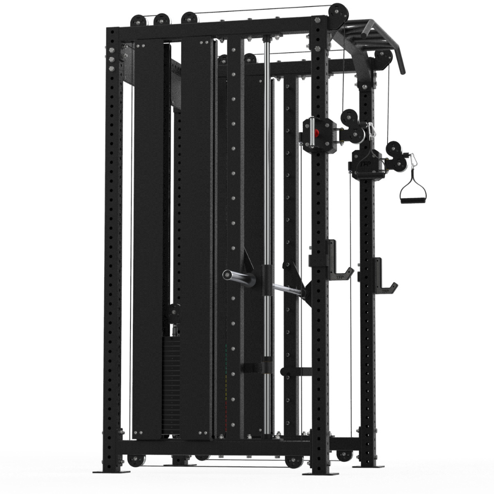 A black multi-functional home gym cable machine and weight bench combo with a pull-up bar, shown on a solid white background.