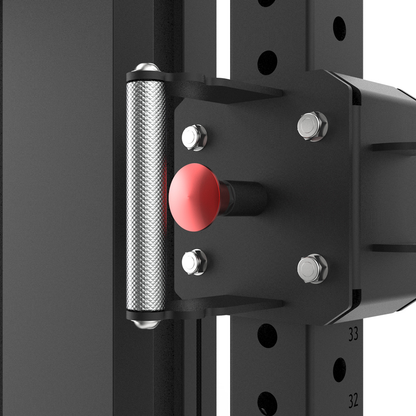 Close-up of a black metal gym rack pulley on the TF120 Trailer