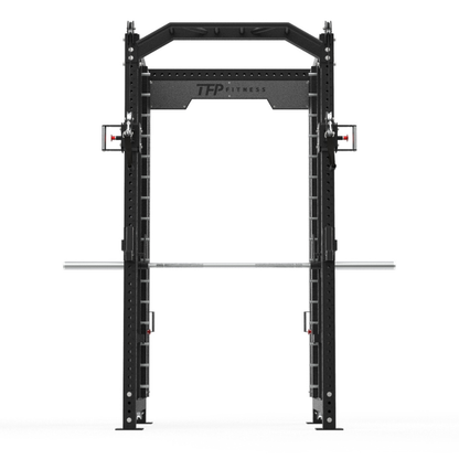 Black TFP Fitness power rack with a barbell resting horizontally across the front, shown on a solid white background.