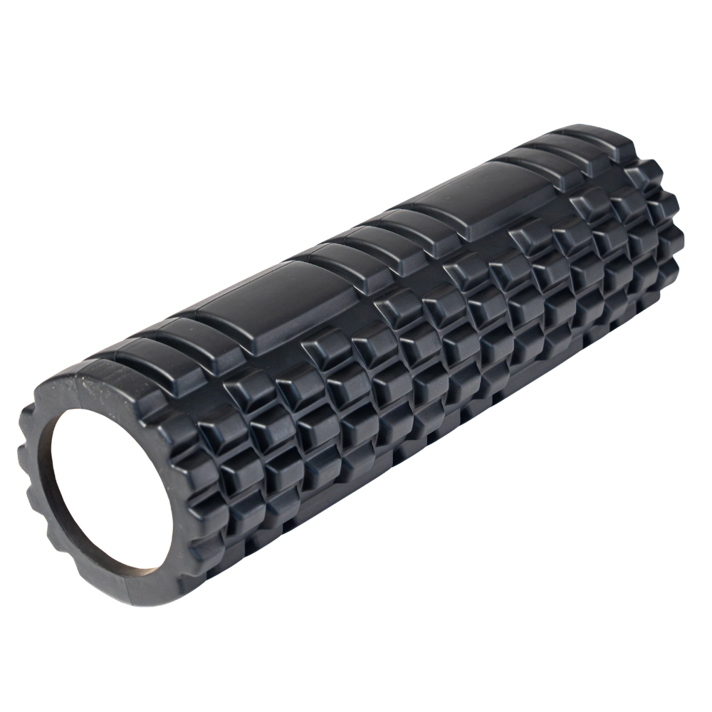 A black textured foam roller with a ribbed, knurled surface and a hollow center, shown on a plain white background.