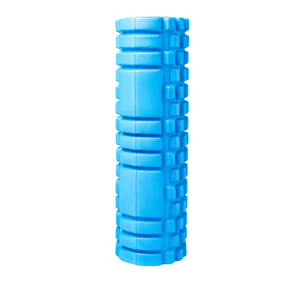 A bright blue foam roller with a textured grid pattern, shown vertically on a plain white background.
