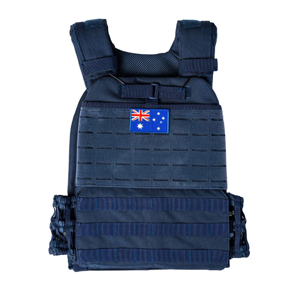 A dark navy tactical plate carrier vest with an Australian flag patch on the front, displayed against a solid white background.
