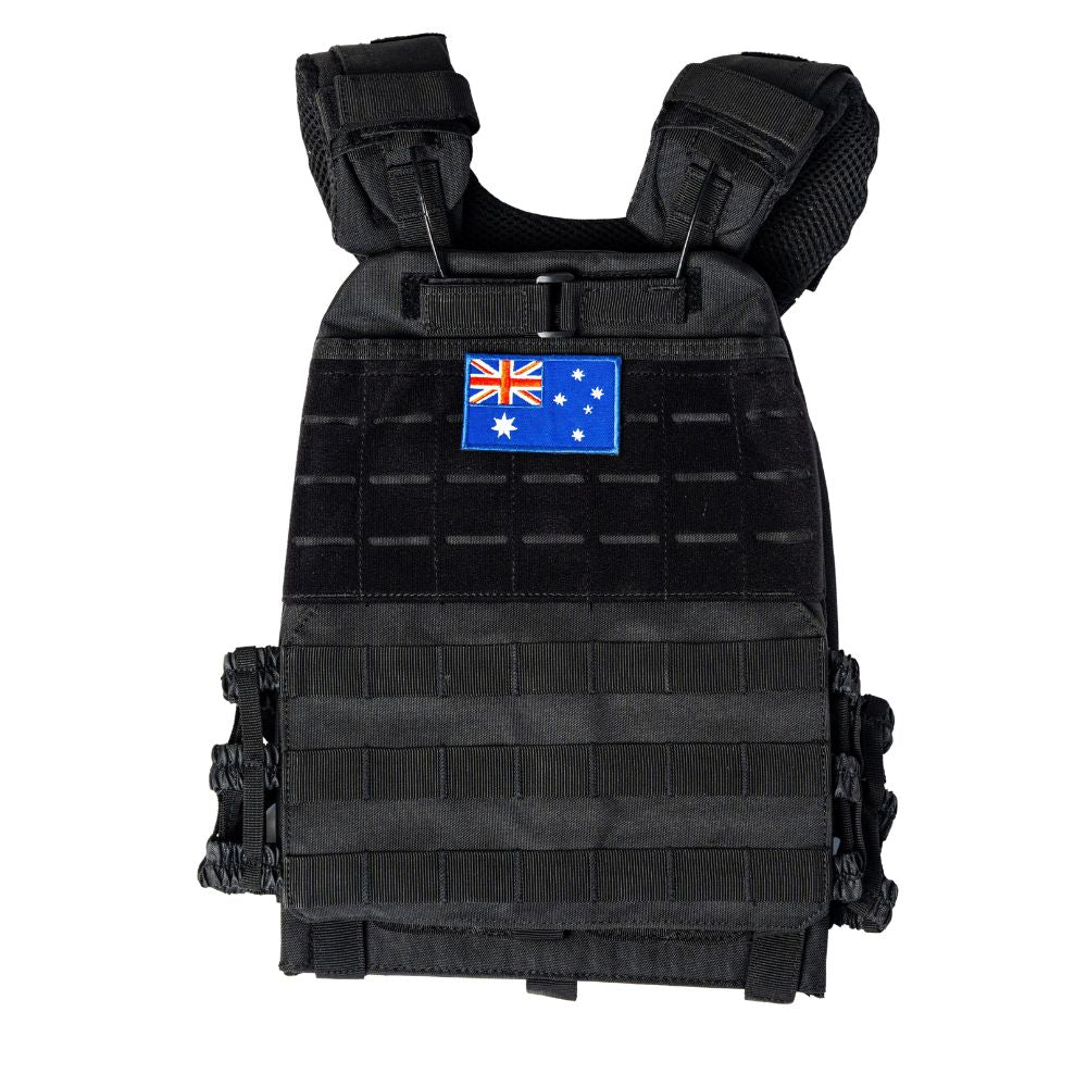 Black tactical plate carrier vest with an Australian flag patch on the chest, shown against a plain white background.