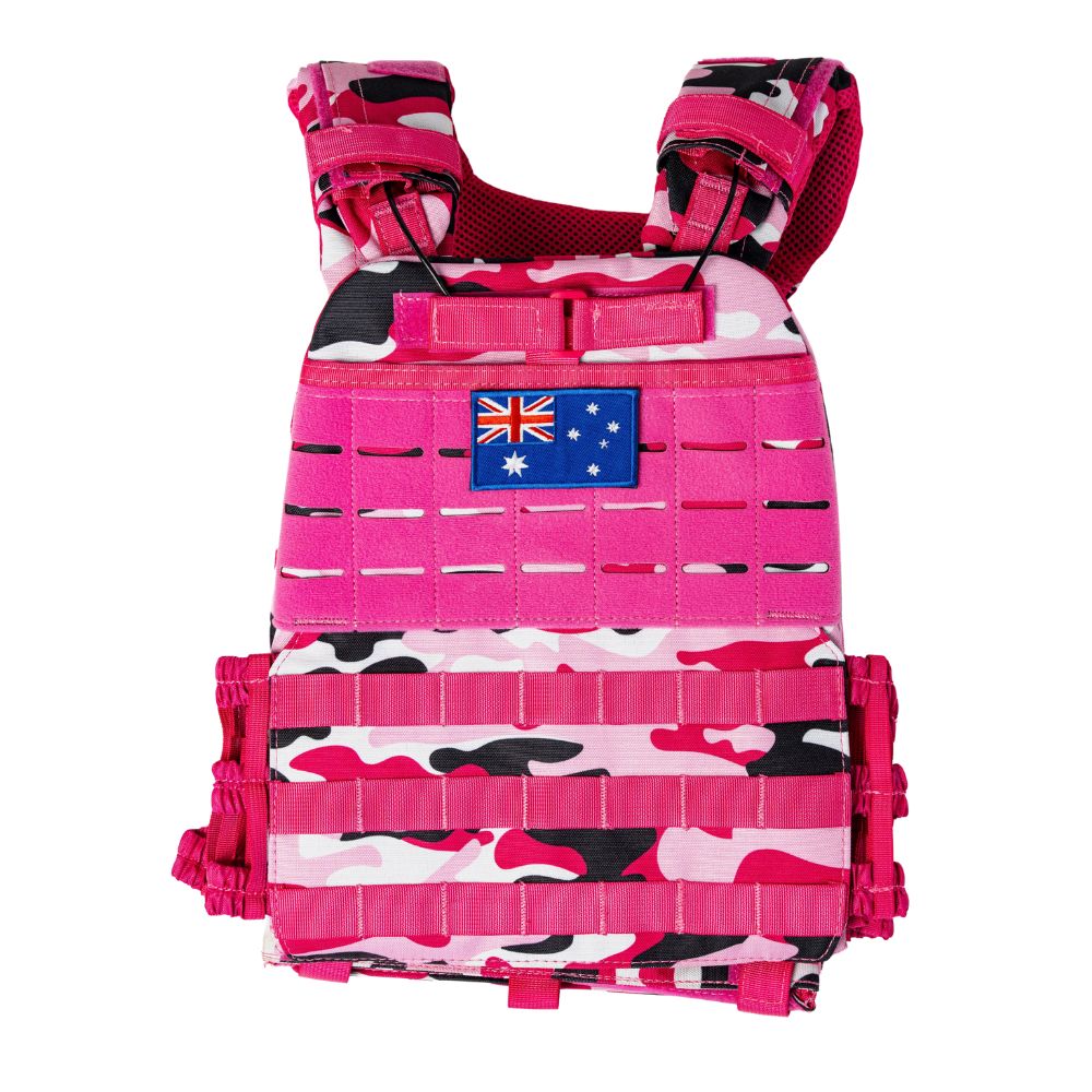 A pink, white, and black camouflage tactical plate carrier vest with an Australian flag patch on the chest, displayed against a solid white background.