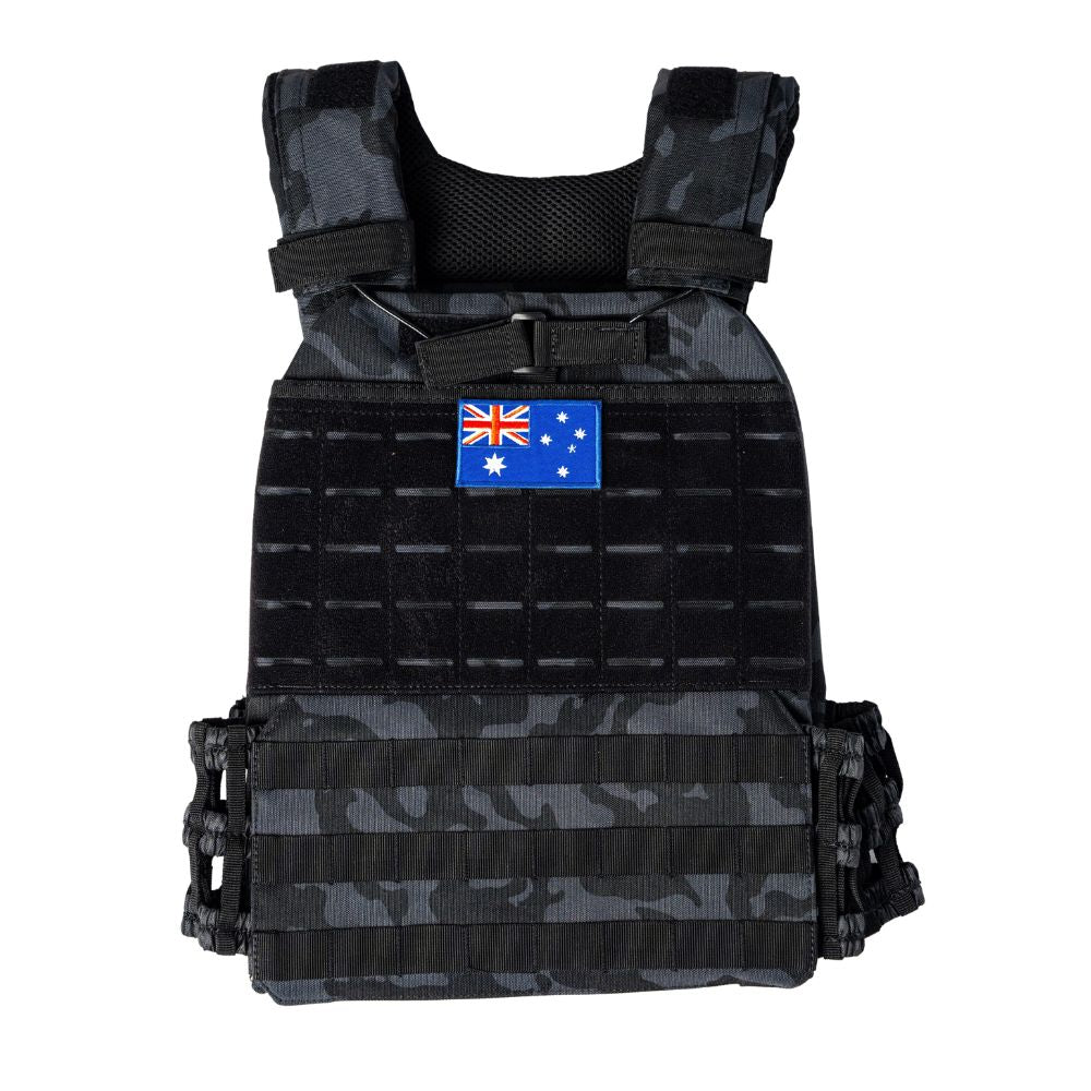 Black and dark gray camouflage tactical plate carrier vest with an Australian flag patch on the chest, shown against a plain white background.