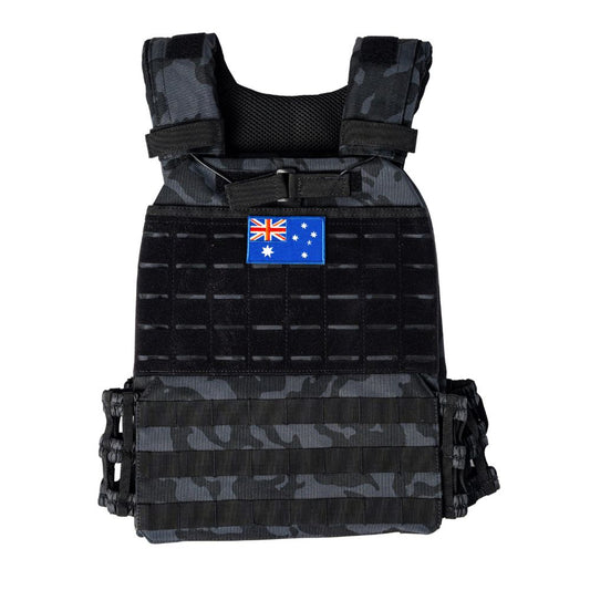 Black and dark gray camouflage tactical plate carrier vest with an Australian flag patch on the chest, shown against a plain white background.